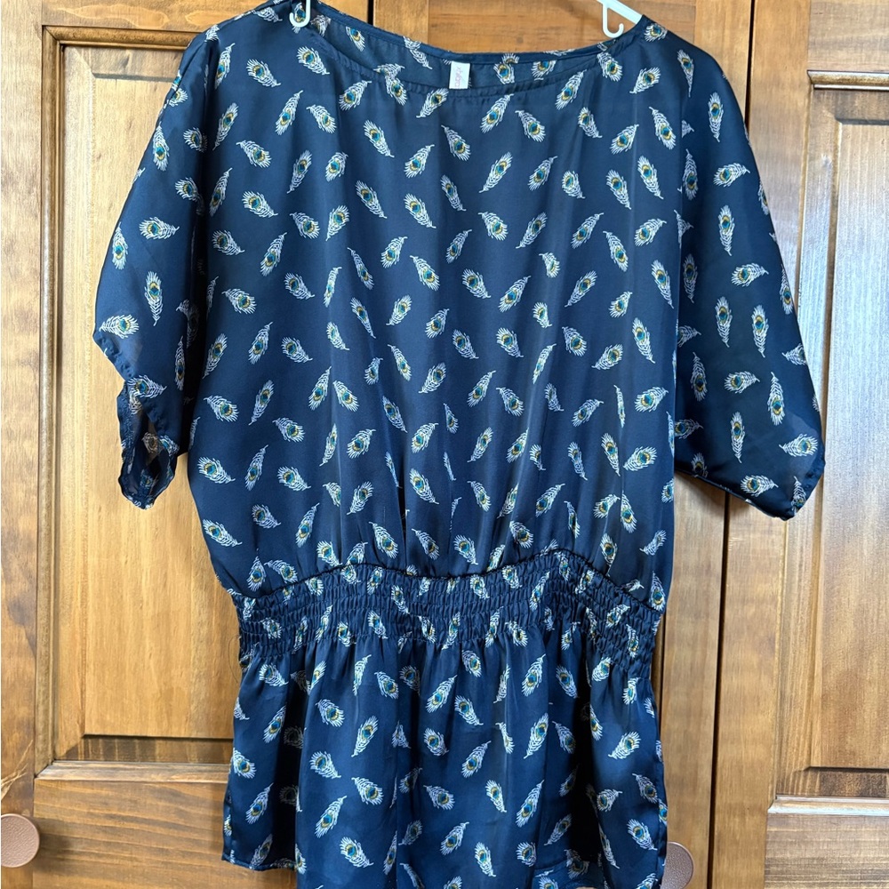Xhilaration Dark Blue Blouse with Feather Design
